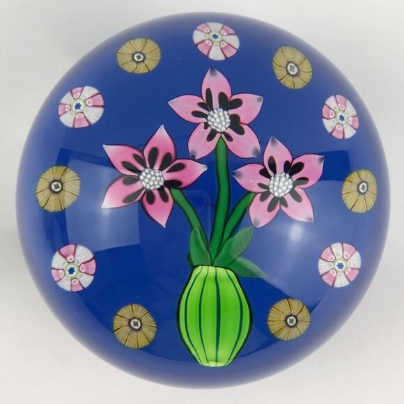 Perthshire 1984A Flower Pot Lampwork Flowers in Vase Millefiori Cane Paperweight - Picture 1 of 11